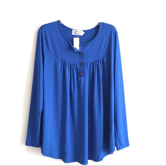 Maggie Tang | Popover Top Womens XL Blue Pong Sleeves Stretch Scoop Neck - Picture 1 of 9